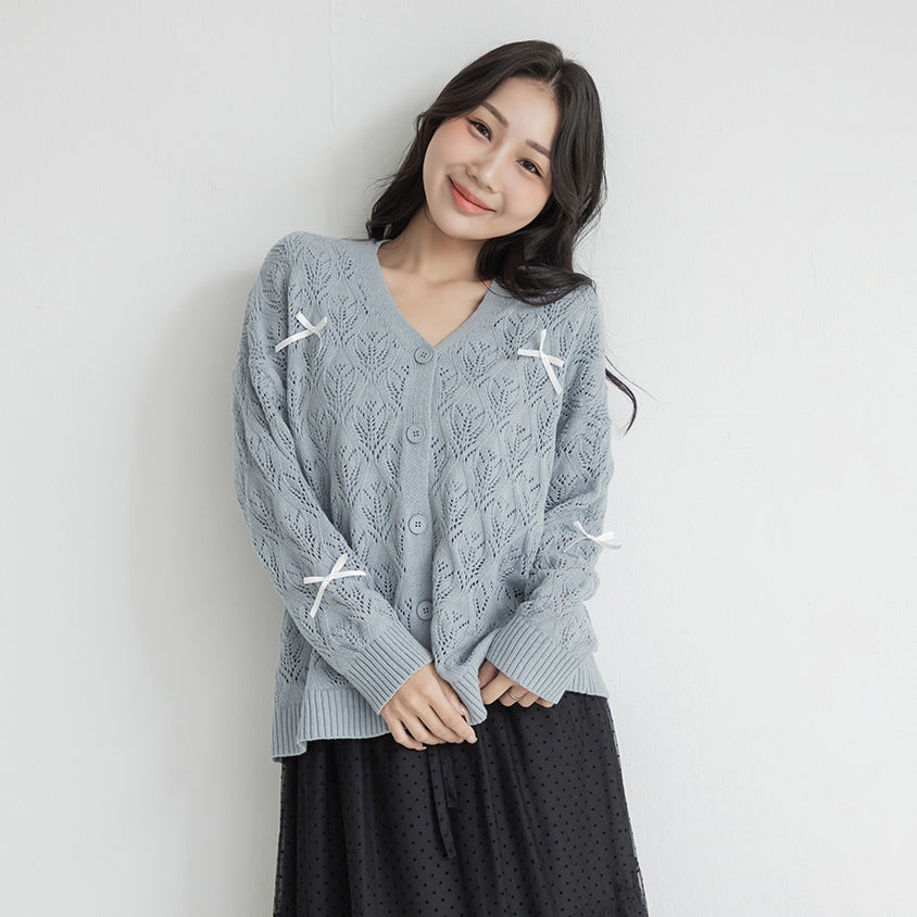 Sweet Bow-Detail Openwork Knit Plus Size Cardigan