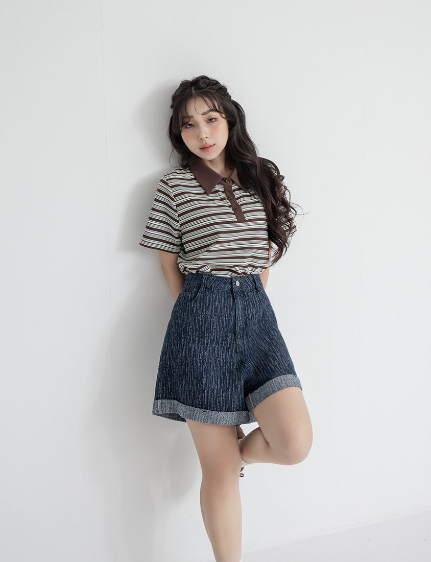 Textured Two-Tone Denim Cuffed Plus Size Shorts