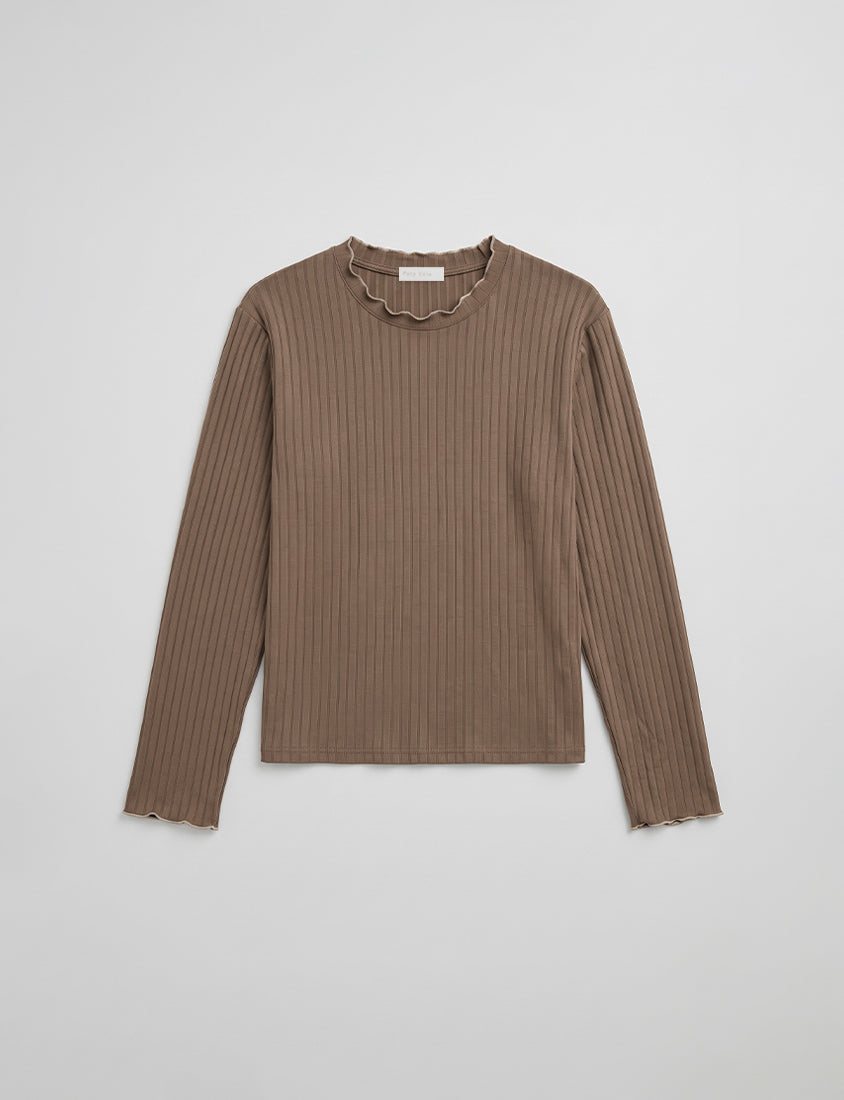 Soft Wide Ribbed Ruffle-Trim Long Sleeve Plus Size Top