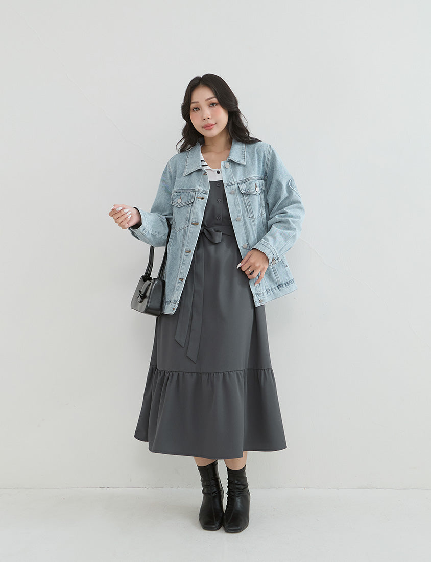 Contrast Sailor Collar Faux Two Piece Plus Size Maxi Dress (With Waist Tie)