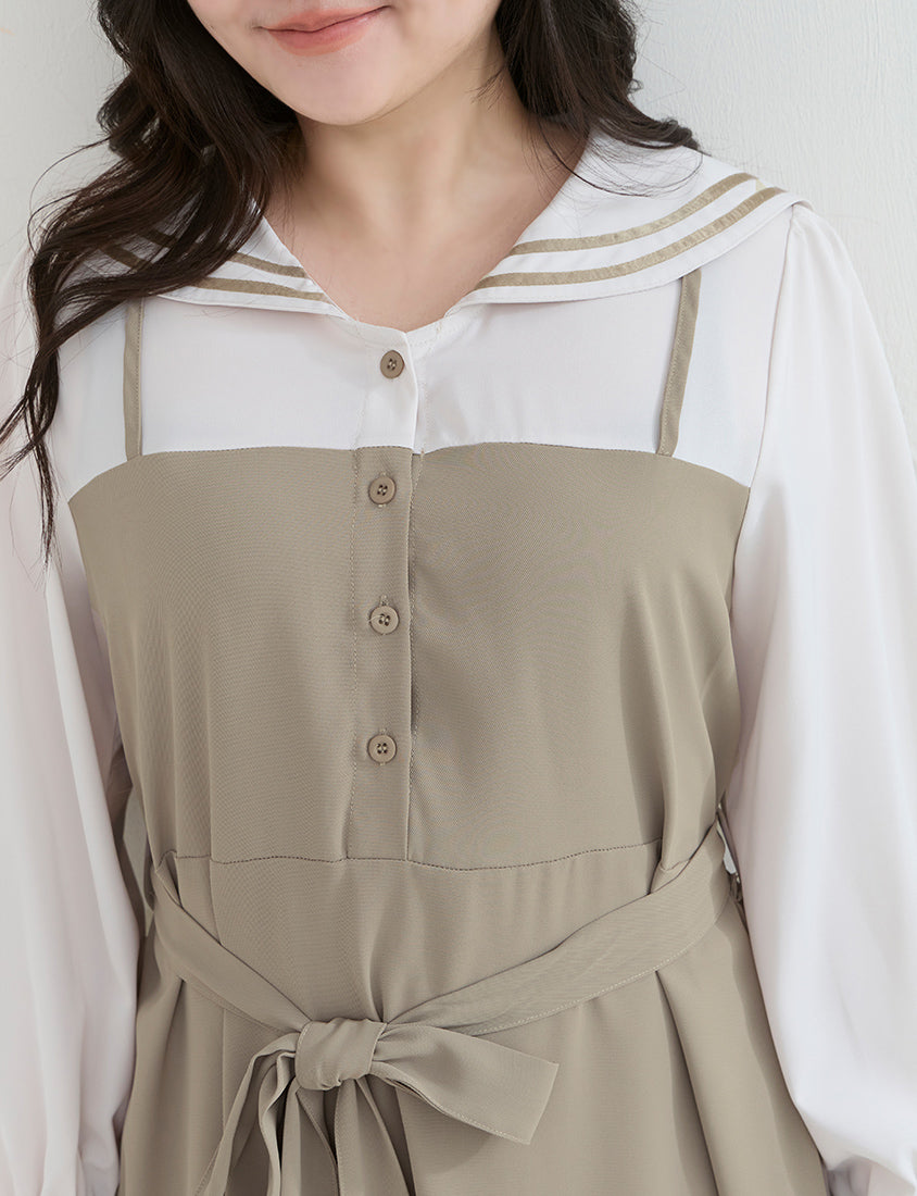 Contrast Sailor Collar Faux Two Piece Plus Size Maxi Dress (With Waist Tie)