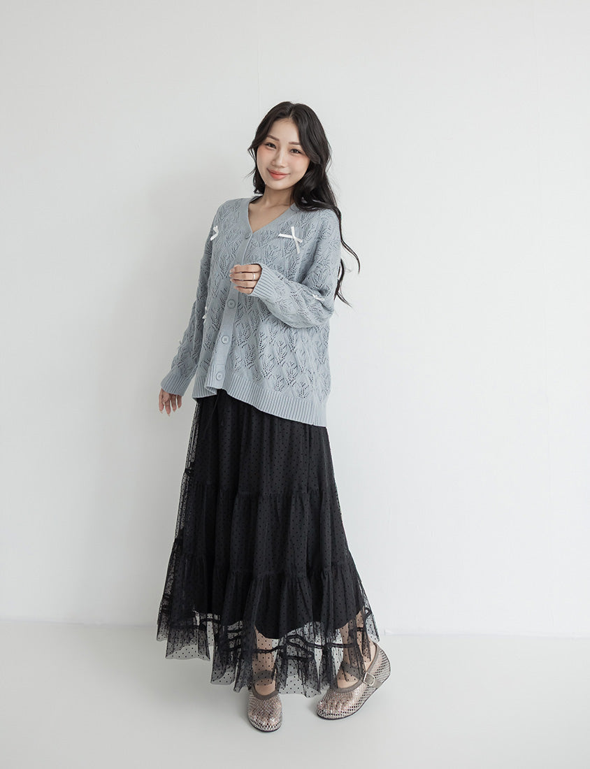 Sweet Bow-Detail Openwork Knit Plus Size Cardigan