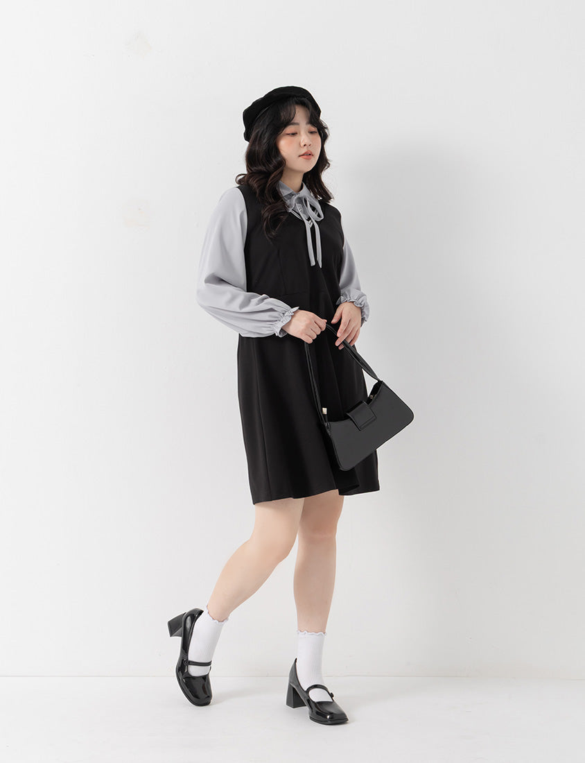 Preppy Contrast Color Faux Two-Piece Plus Size Mini Dress (With Tie)
