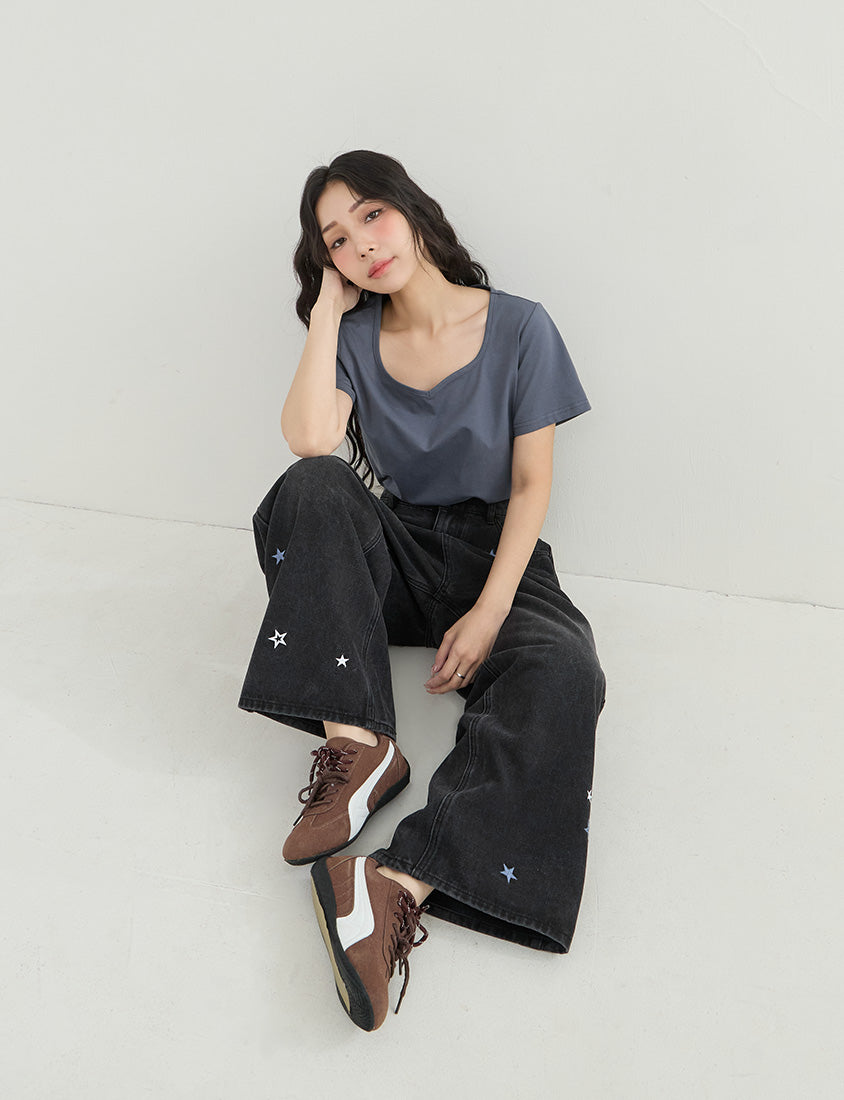 Star Embroidered Denim Plus Size Wide Leg Jeans