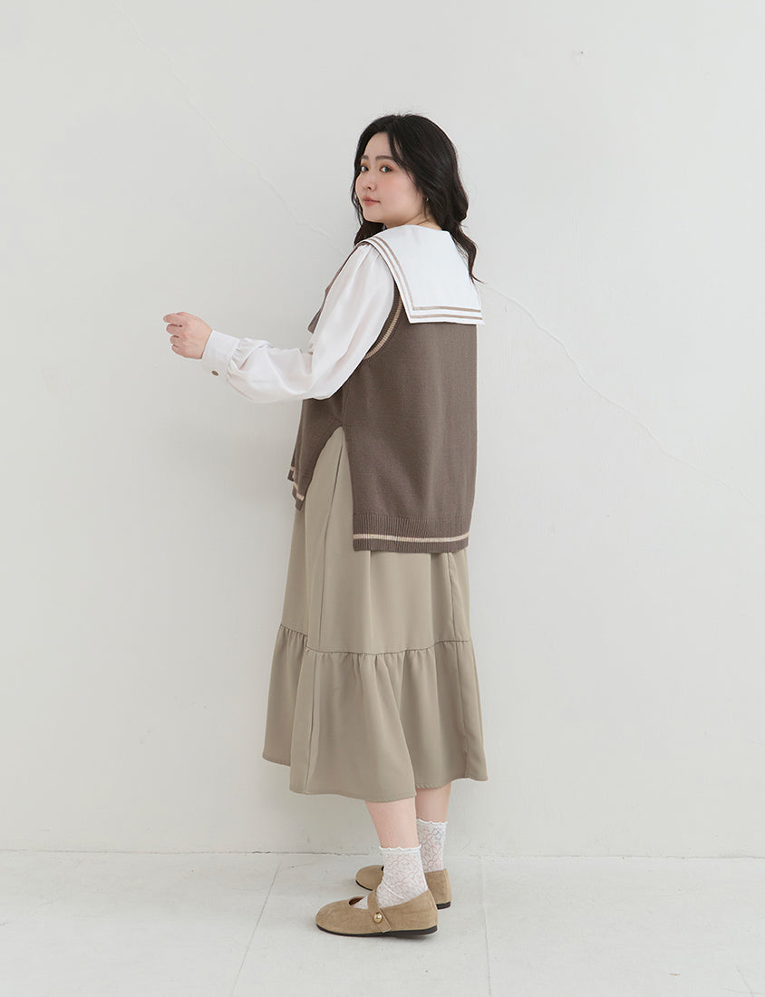 Preppy V-Neck Contrast Stripe Knit Plus Size Vest