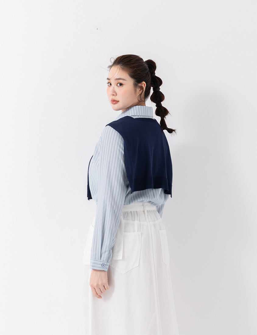 Contrast Stripe Long Sleeve Plus Size Shirt (With Shawl)