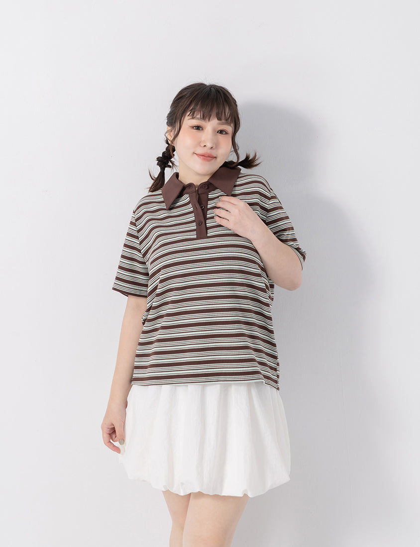 Youthful Contrast Stripe Polo Plus Size Top