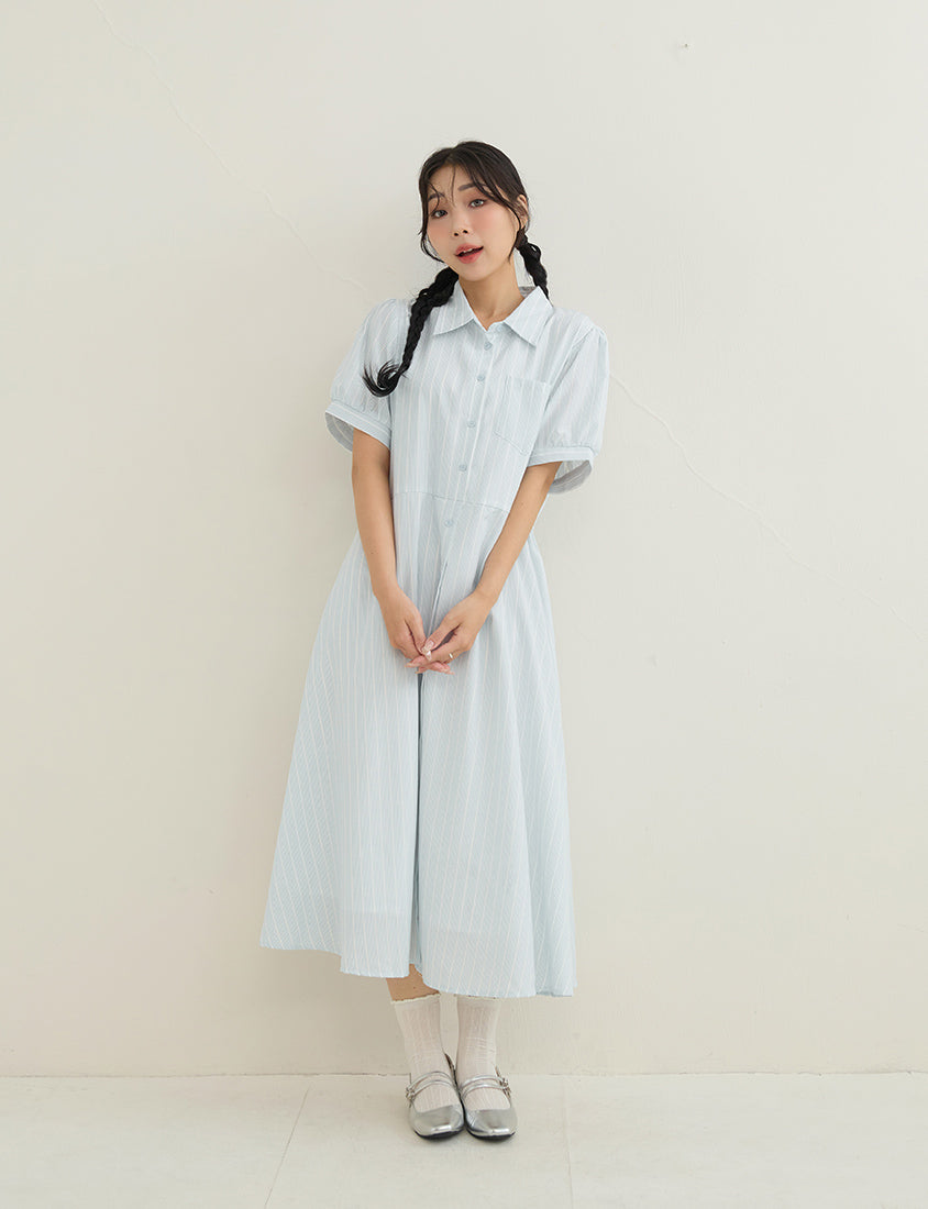 Japanese Contrast Stripe Shirt Collar Plus Size Maxi Dress