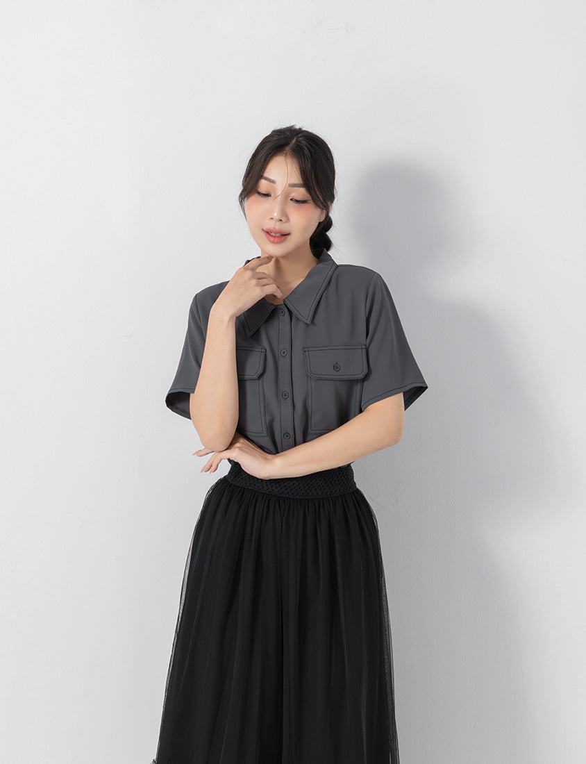 Contrast Stitch Lightweight Utility Chiffon Plus Size Shirt
