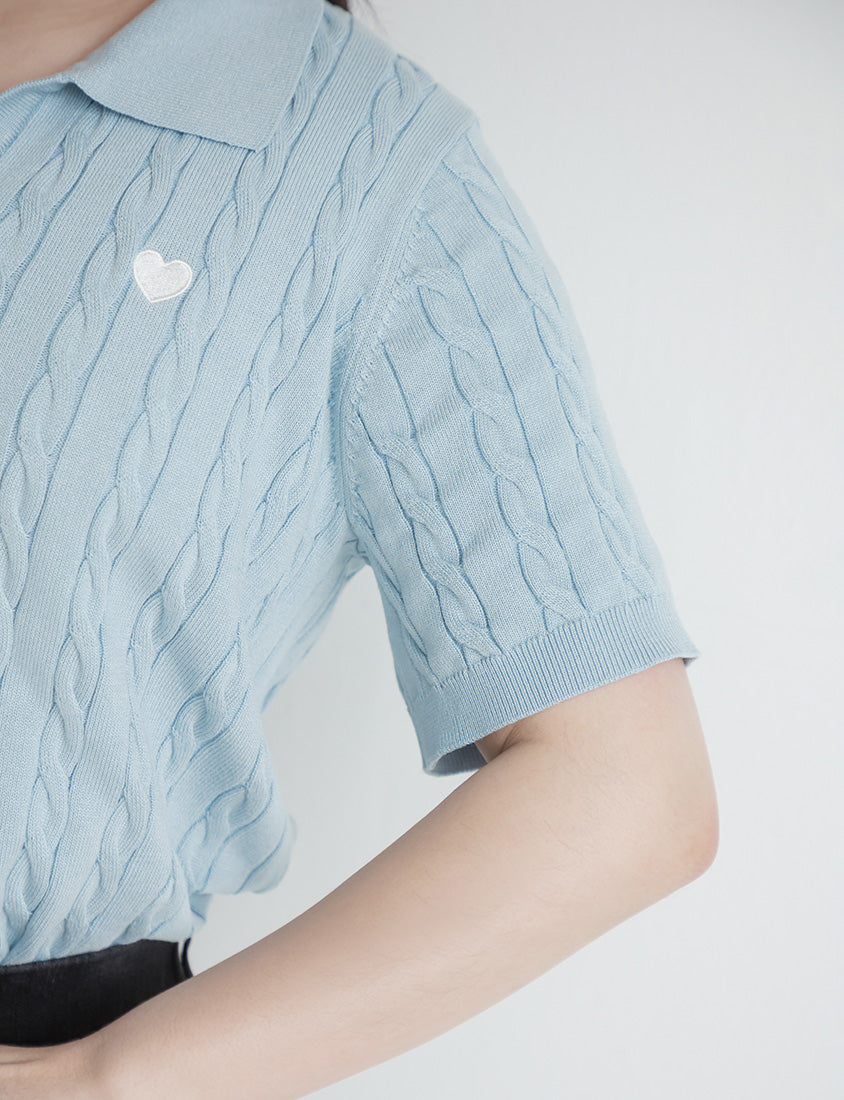 Heart Embroidered V-Neck Cable Knit Short Sleeve Plus Size Top