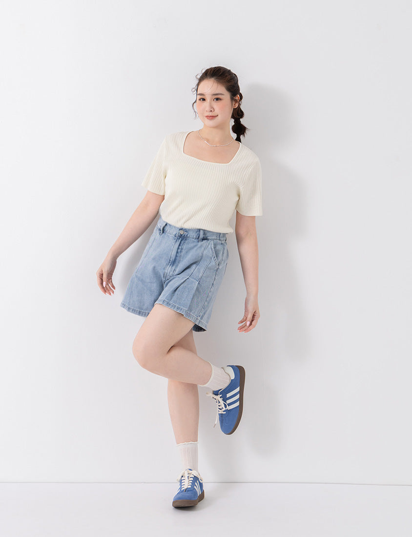 Classic Multicolor Square Neck Ribbed Knit Plus Size Top