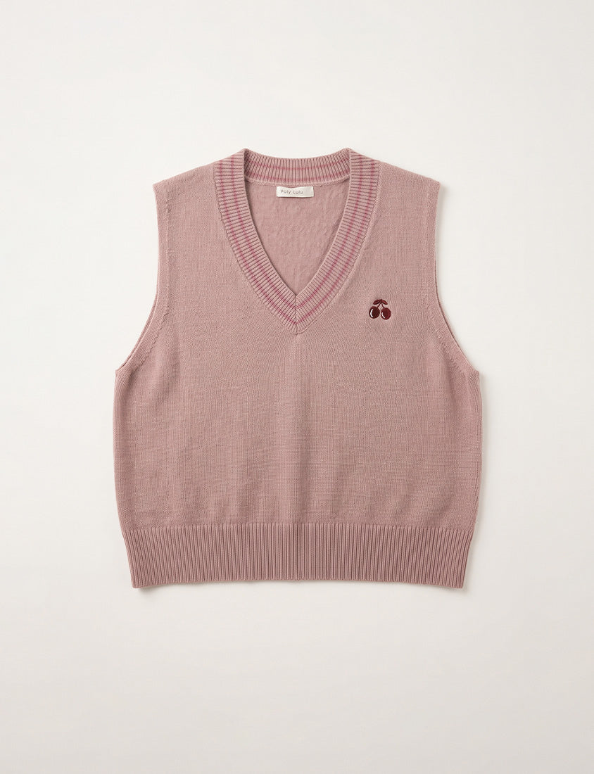 Preppy Cherry Embroidered Cropped Knit Plus Size Vest