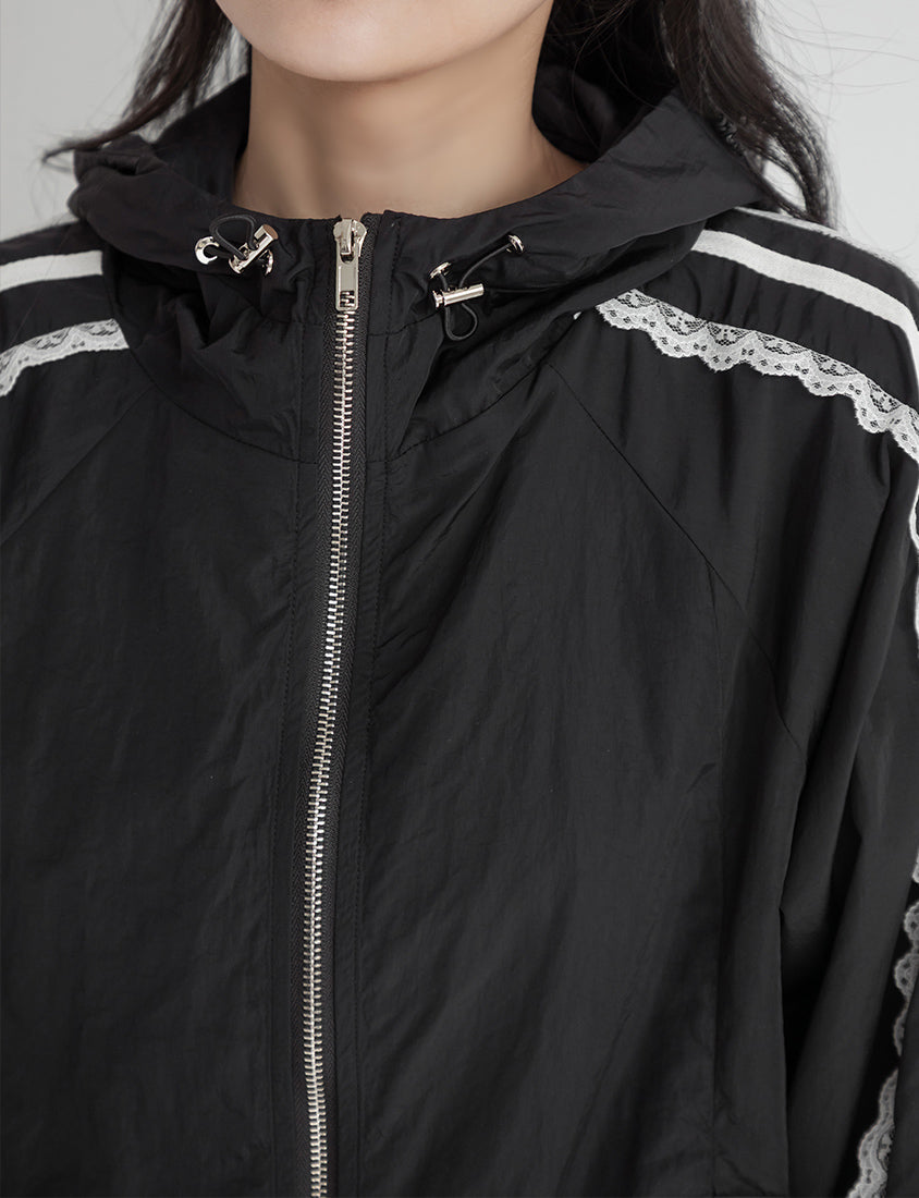 Lace Water-Repellent Hooded Plus Size Trench Coat
