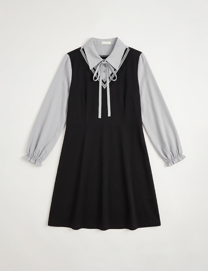 Preppy Contrast Color Faux Two-Piece Plus Size Mini Dress (With Tie)