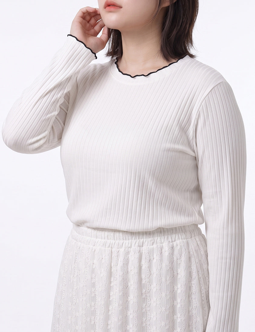 Soft Wide Ribbed Ruffle-Trim Long Sleeve Plus Size Top