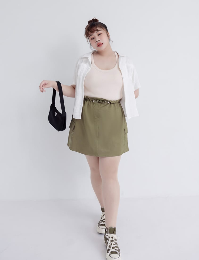 Cuban Collar Crinkled Texture Large Pocket Plus Size Shirt