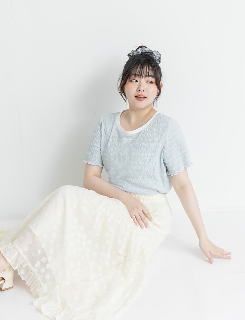 Bow Embroidery Ruffle Crinkle Plus Size Top