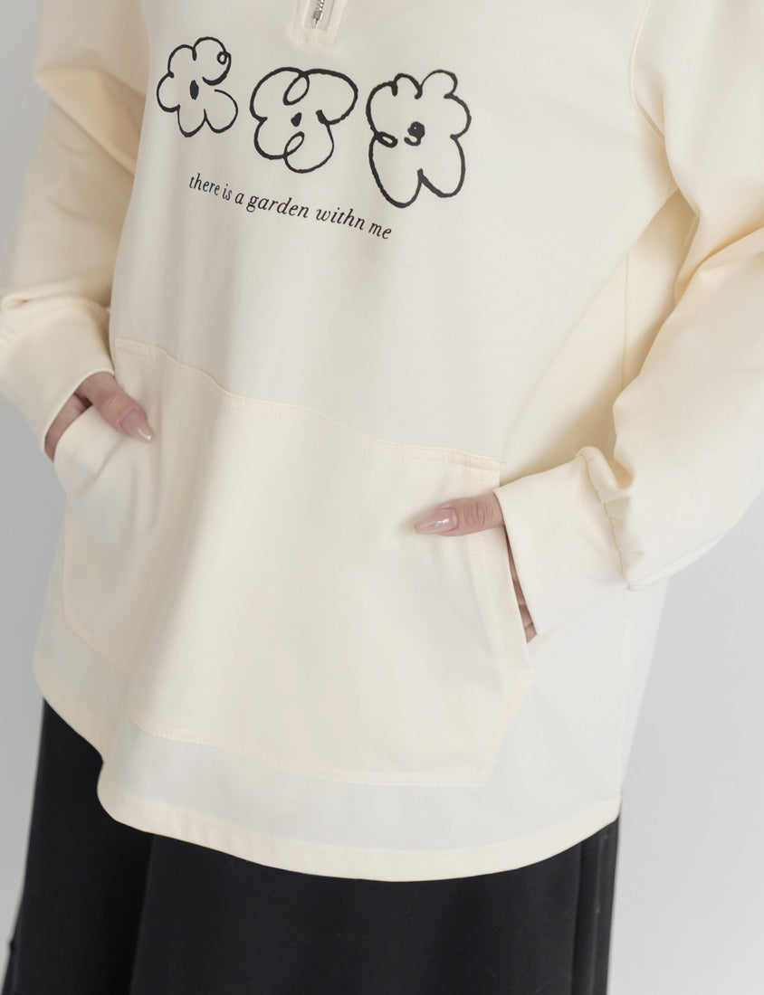Contrast Collar Floral Print Plus Size Long Sleeve Top