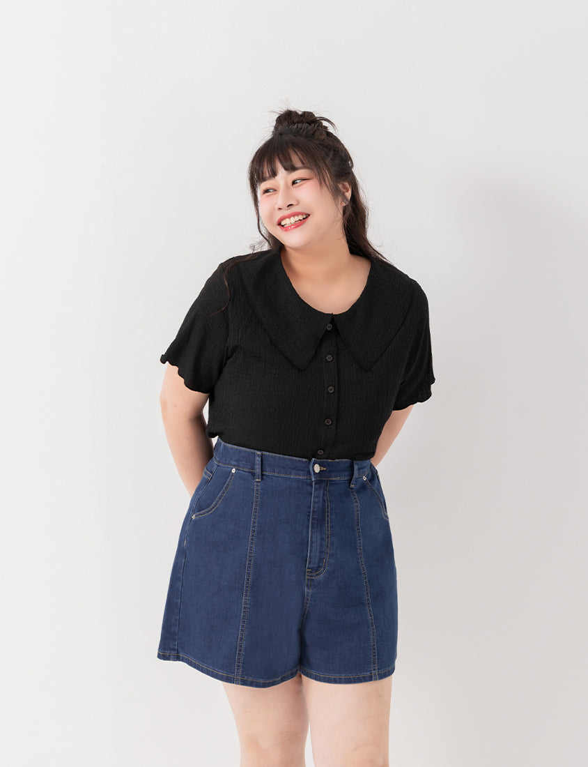 Collared Crinkle Faux Button Short Sleeve Top