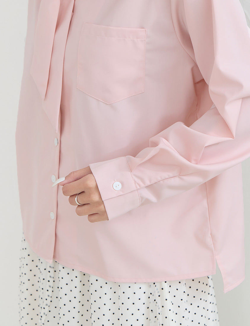 Korean Style Tie Neck Long Sleeve Plus Size Blouse