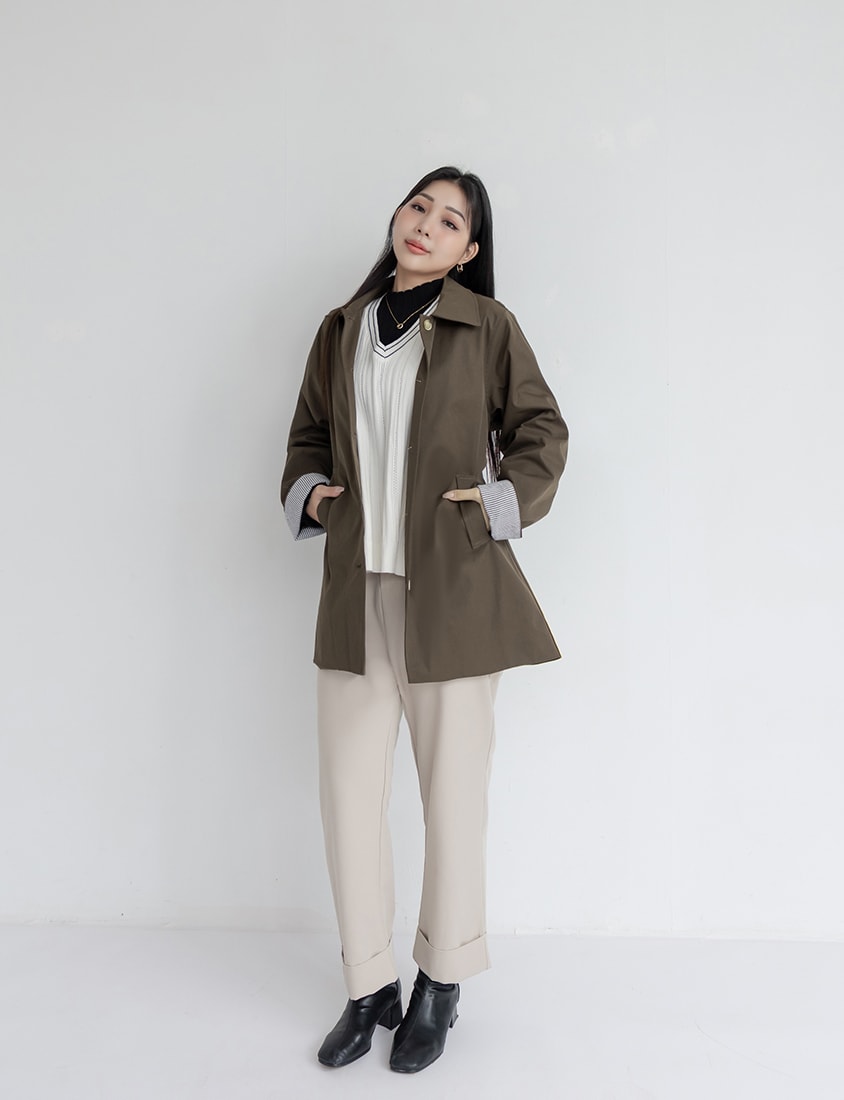 MISS.Korean Style Textured Mid-Length Plus Size Trench Coat (With Belt)