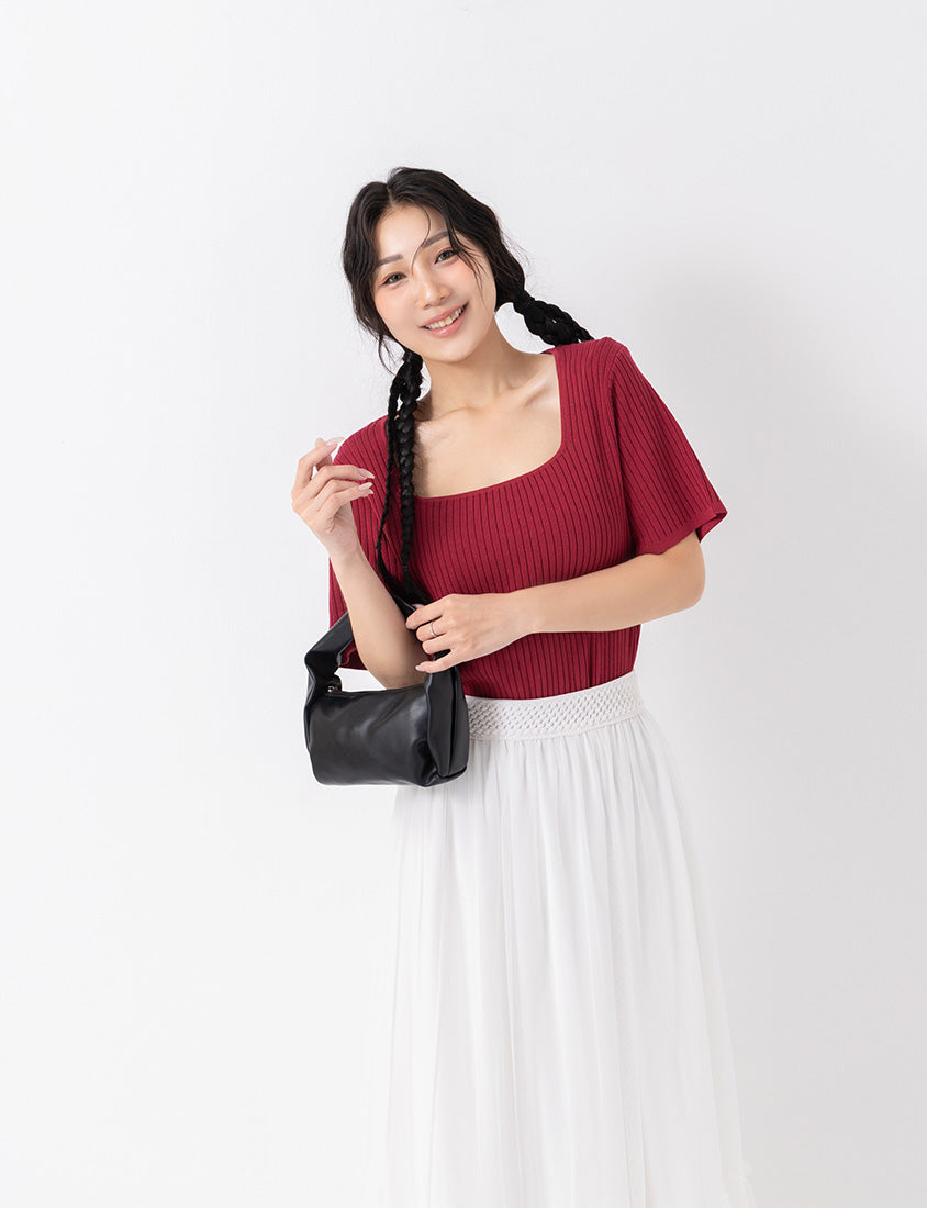 Classic Multicolor Square Neck Ribbed Knit Plus Size Top