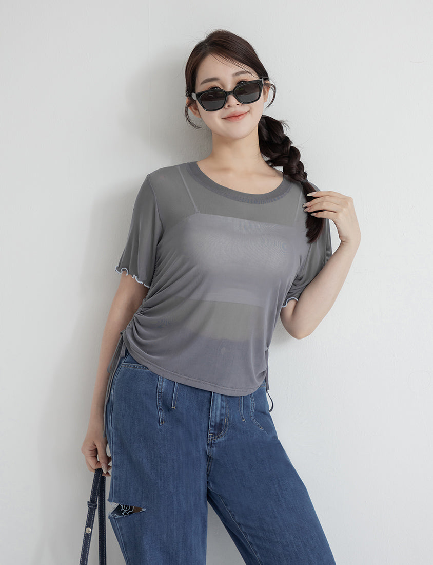 Side Drawstring Sheer Ruffle Sleeve Plus Size Top