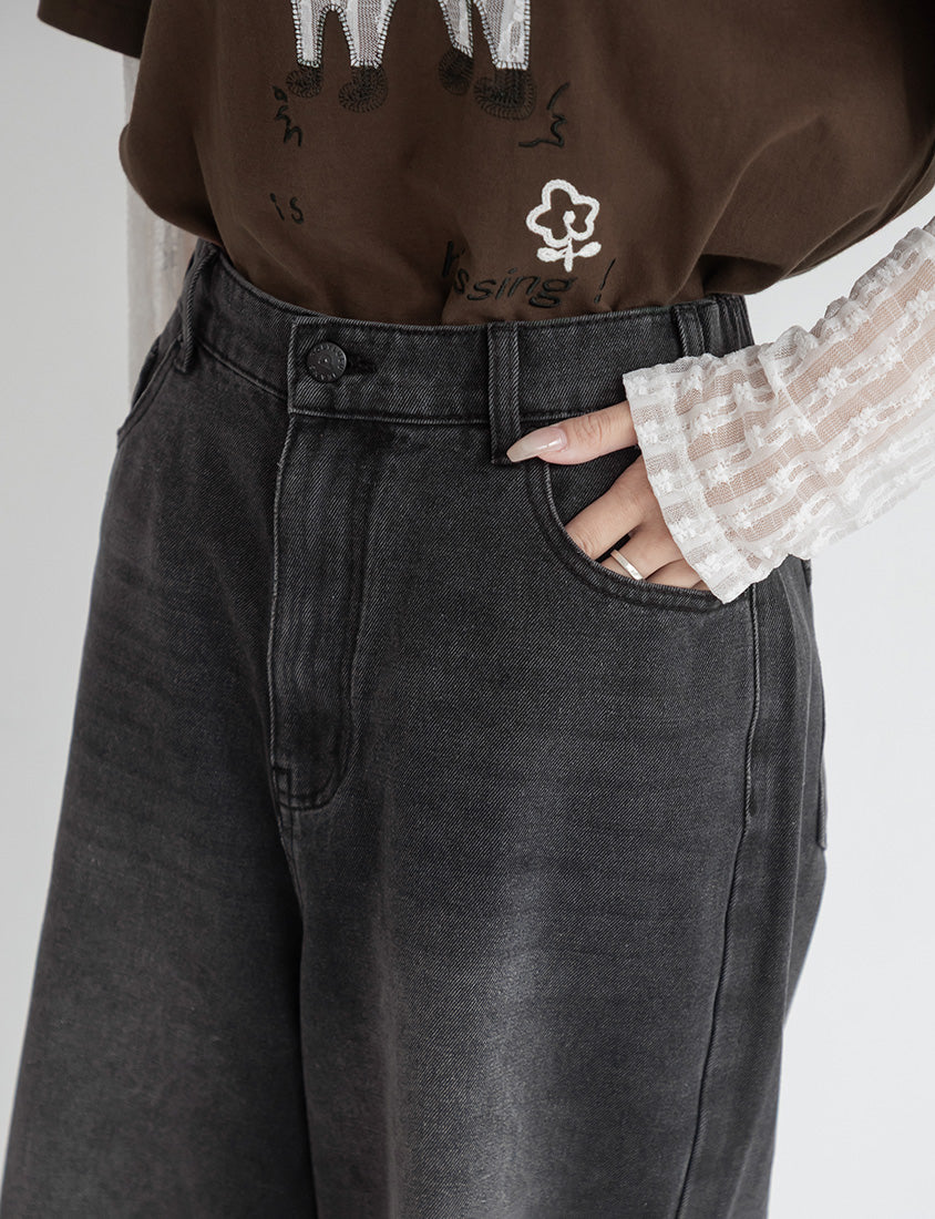Korean Style Vintage Washed Plus Size Cropped Jeans
