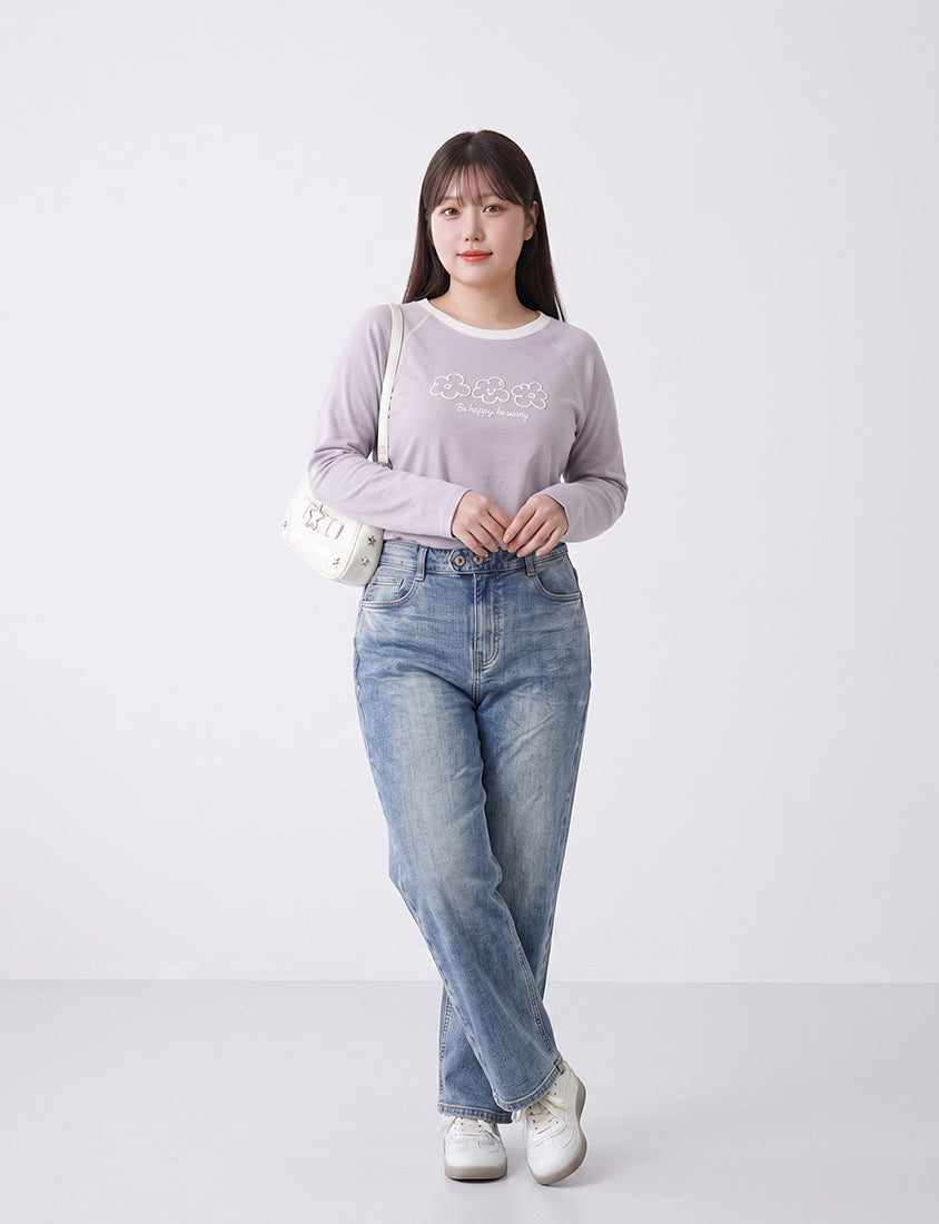 Contrast Floral Puff Print Long-Sleeve Plus Size Tee