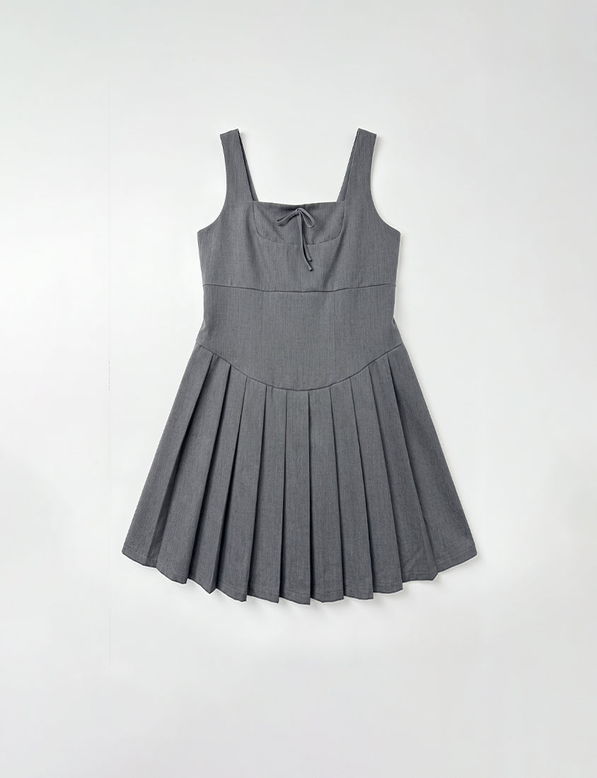Square Neck Tie-Front Pleated Pinafore Plus Size Mini Dress