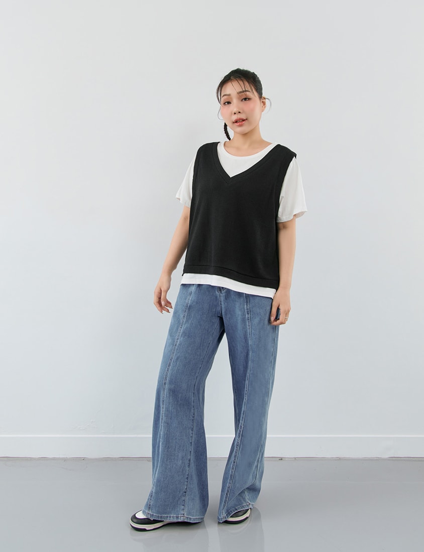 Contrast Waffle Faux Two Piece Plus Size Tee