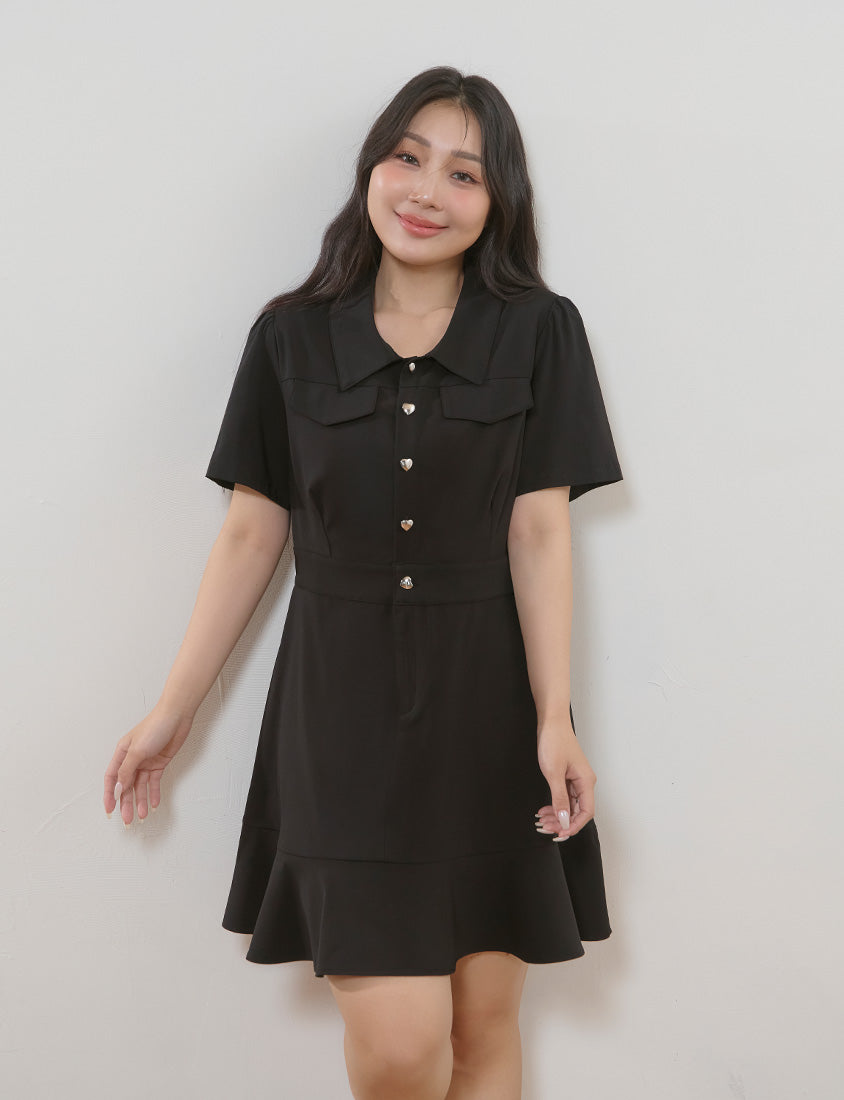 Elegant Heart Button Collar Plus Size Mini Dress
