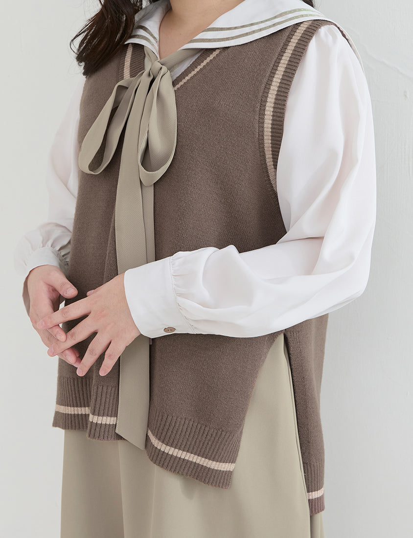 Preppy V-Neck Contrast Stripe Knit Plus Size Vest