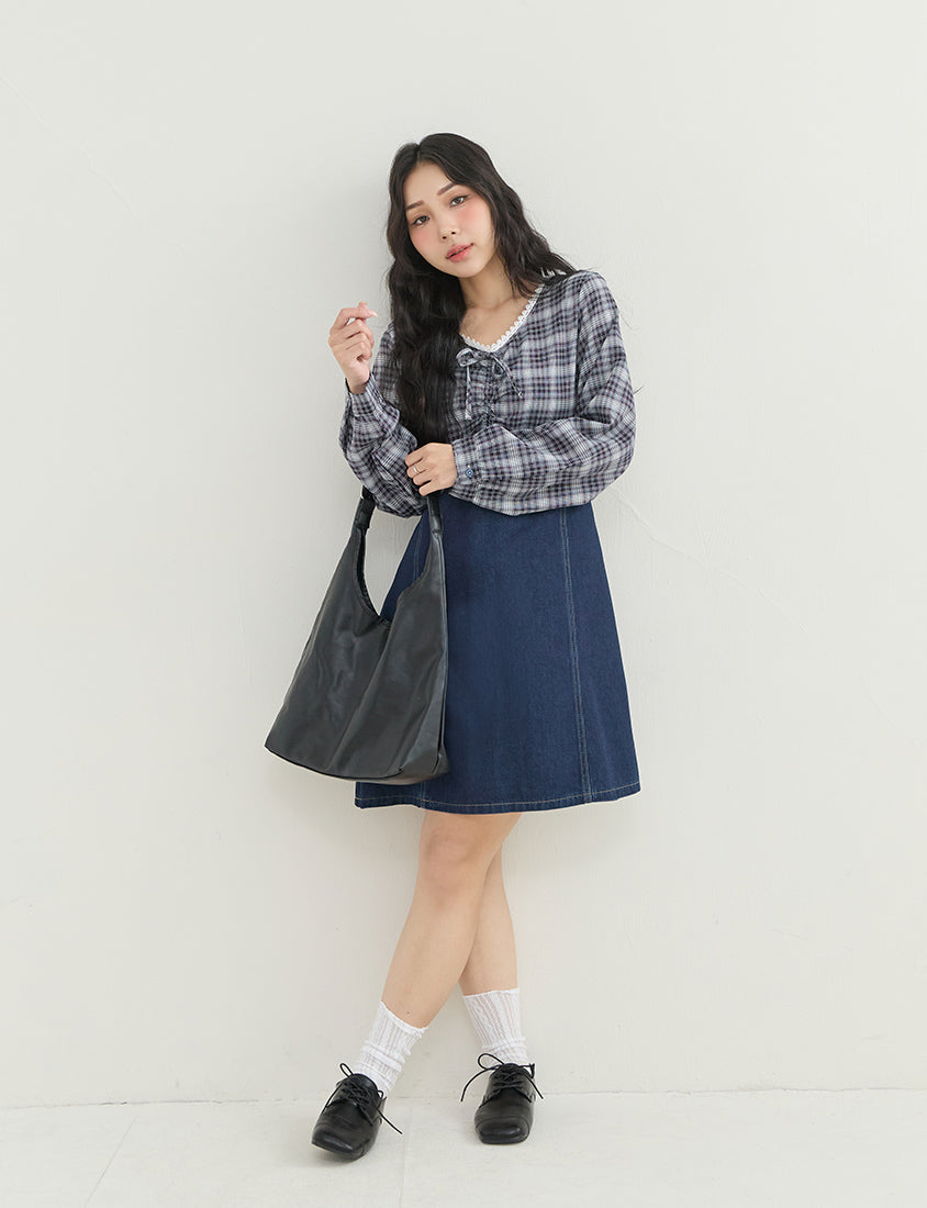 Vintage Plaid Faux Two-Piece Denim Plus Size Mini Dress