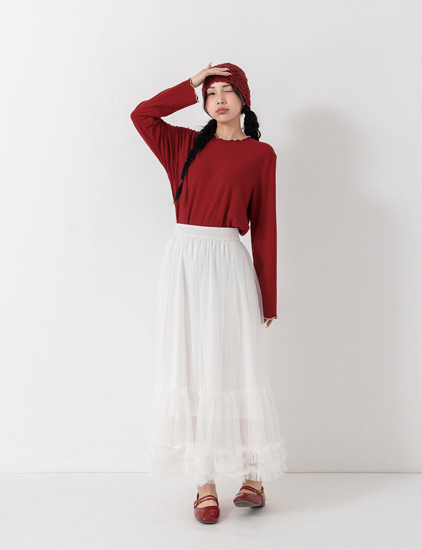 Soft Wide Ribbed Ruffle-Trim Long Sleeve Plus Size Top