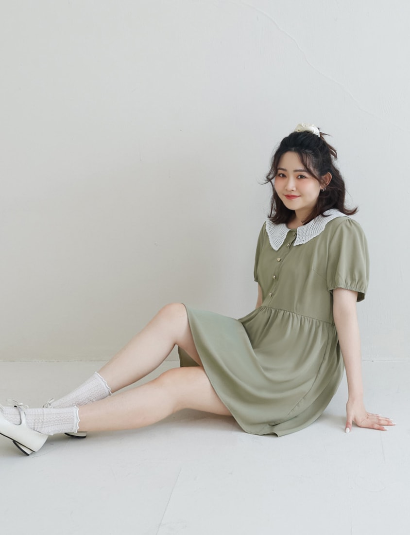Lace Large-Collar Puff Sleeve Plus Size Mini Dress