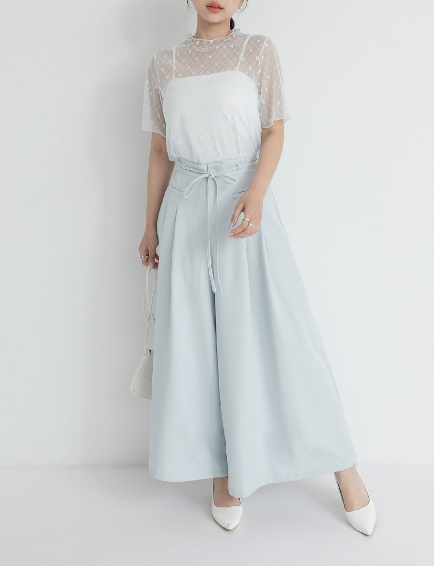 MISS. Pleated Cropped Plus Size Wide Leg Pants (With Waist Tie)
