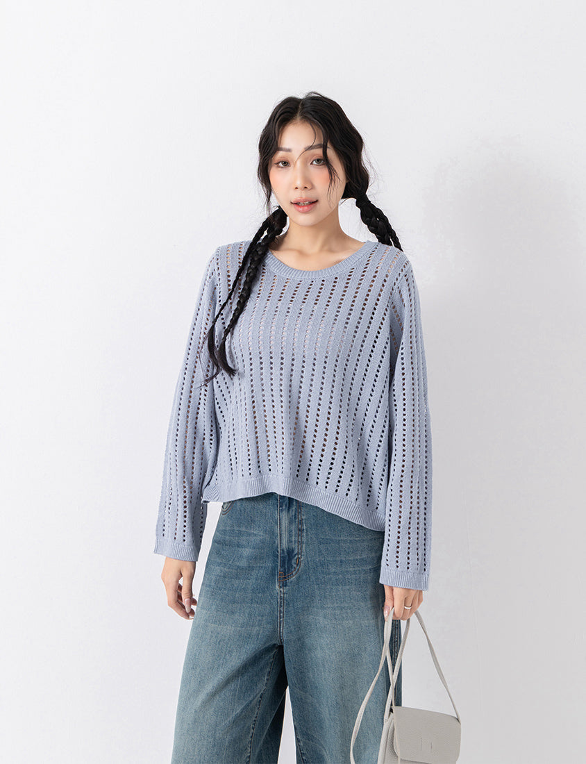 Crew Neck Openwork Ribbed Knit Long Sleeve Plus Size Top