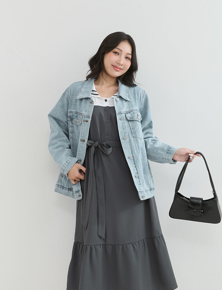 Contrast Sailor Collar Faux Two Piece Plus Size Maxi Dress (With Waist Tie)