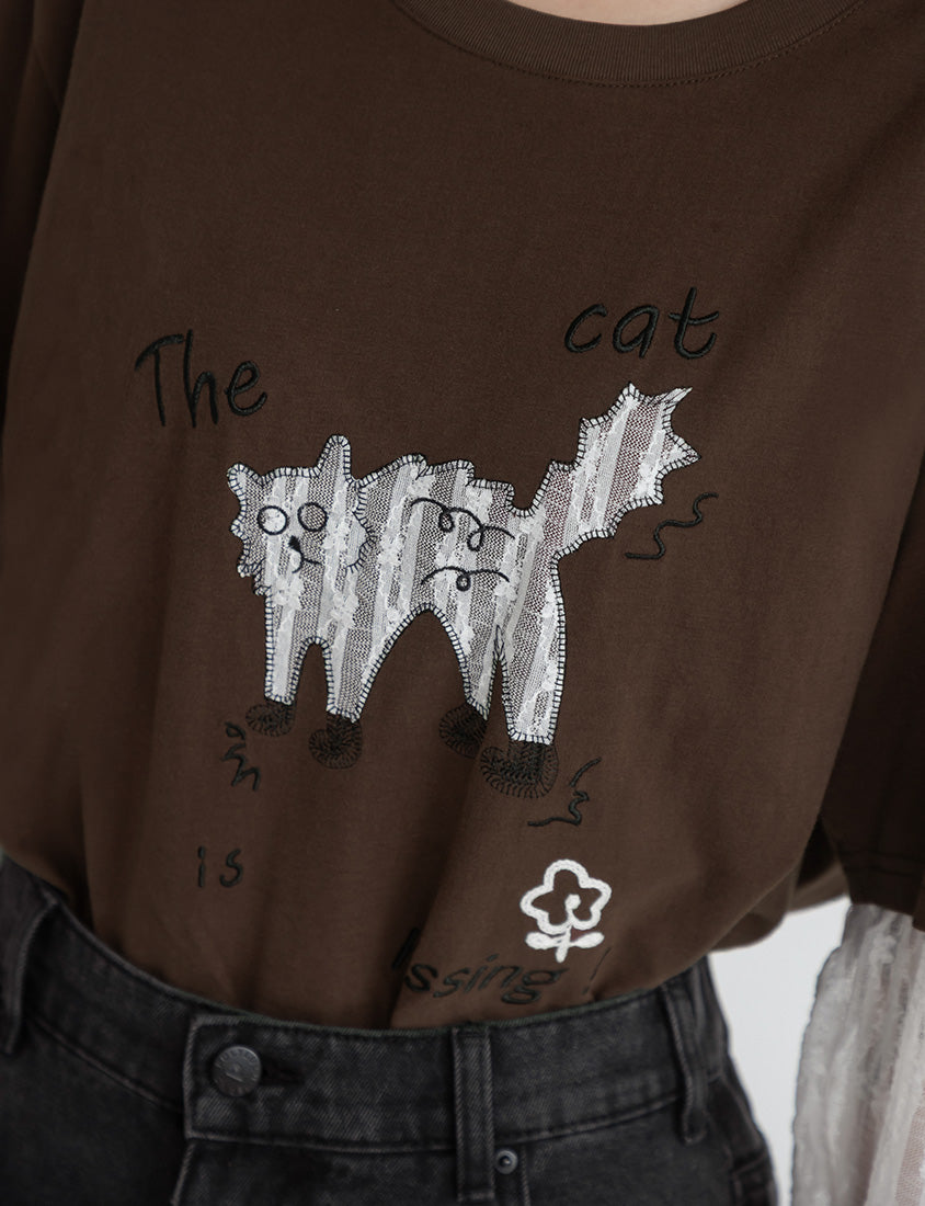 Contrast Lace Cat Faux Two-Piece Plus Size Tee