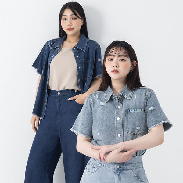 Tencel Silky Denim Distressed Plus Size Shirt Jacket