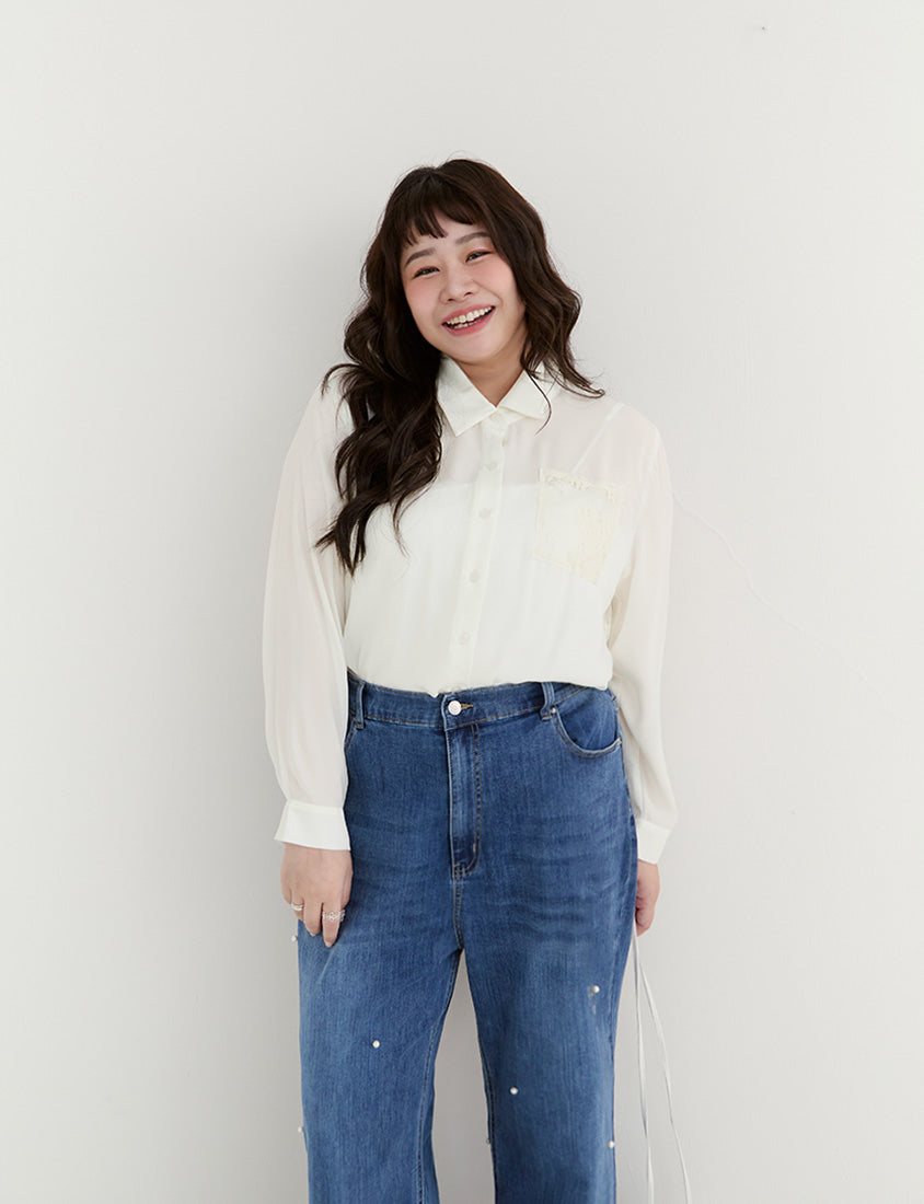 Elegant Lace Patchwork Semi-Sheer Chiffon Plus Size Shirt