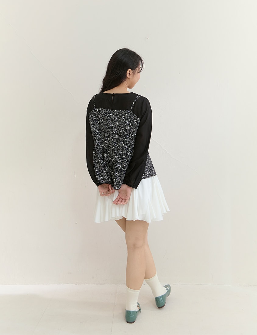 Floral Faux Two Piece Sheer Plus Size Long Sleeve Top