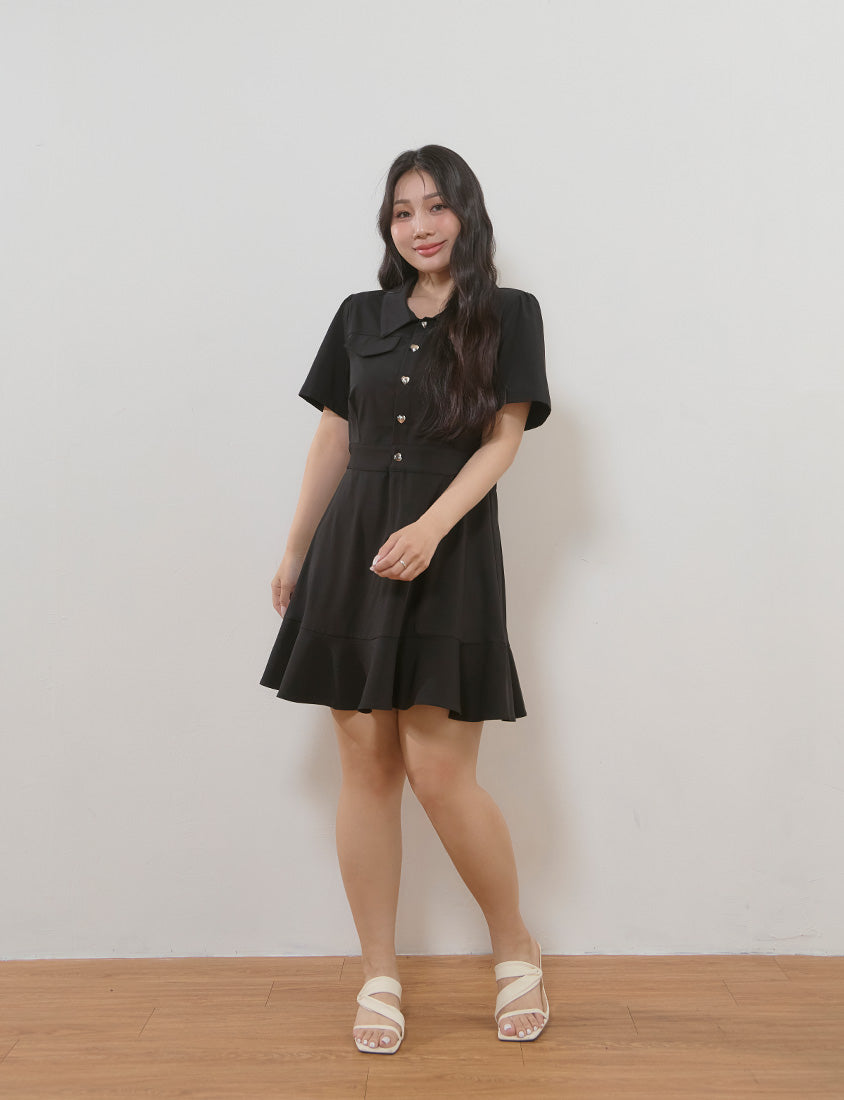 Elegant Heart Button Collar Plus Size Mini Dress