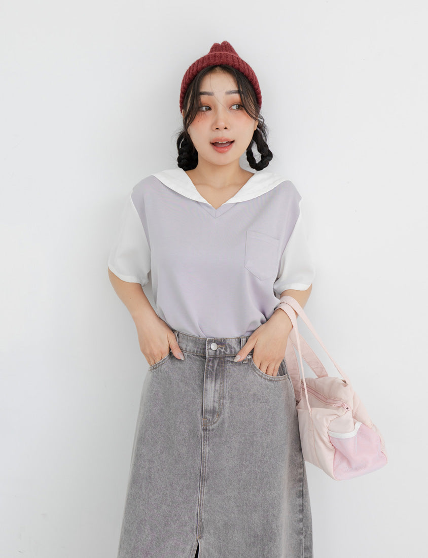 Space Cotton Sailor Collar Faux Two-Piece Plus Size Top