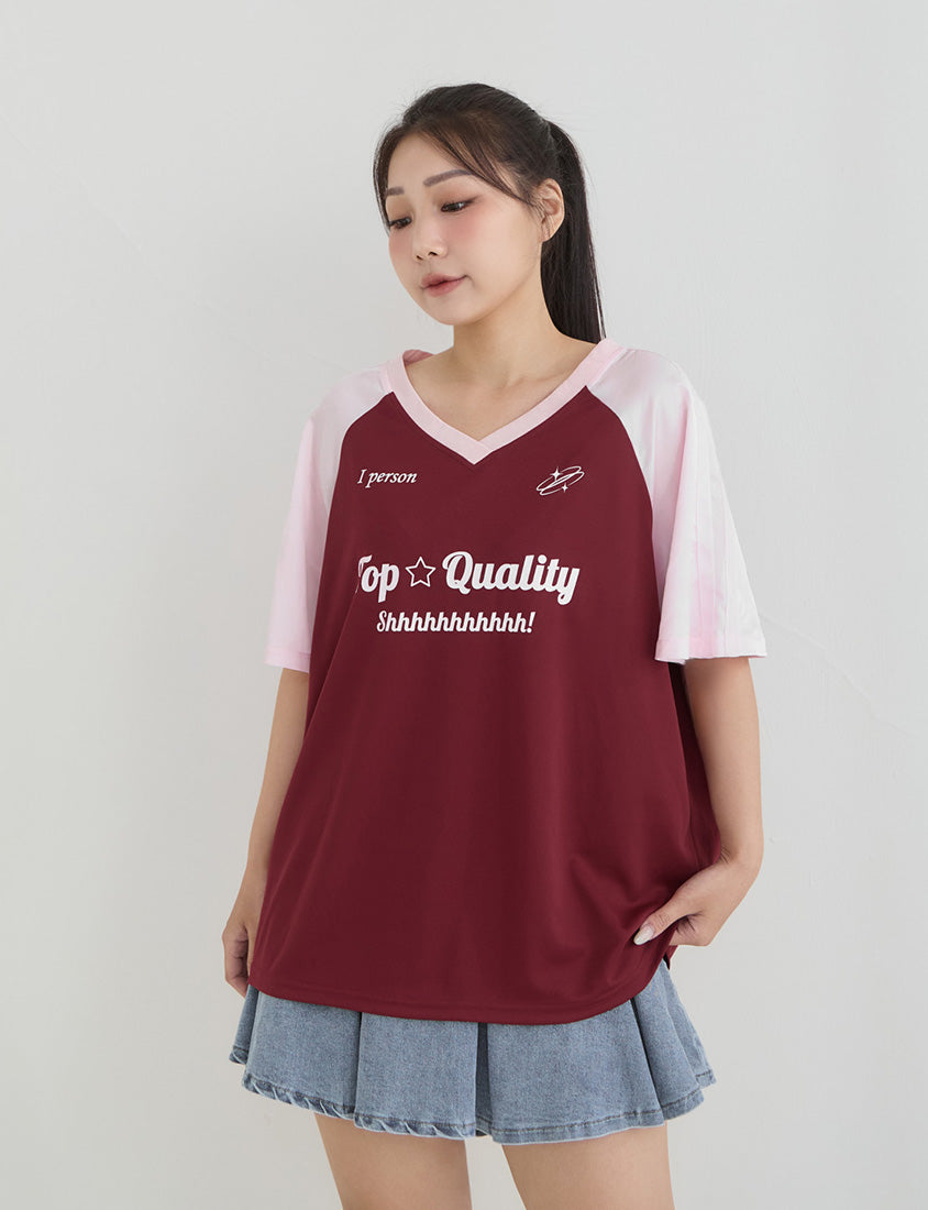 American Style Contrast V-Neck Oversized Jersey Plus Size Tee