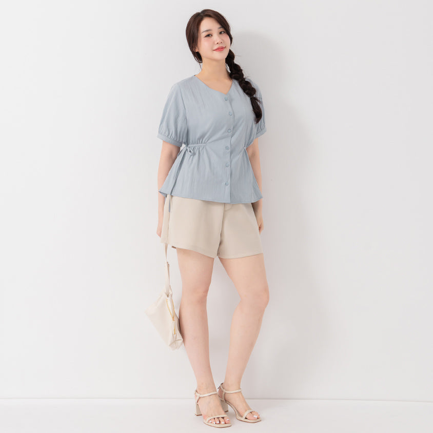 V-Neck Button Front Tie Waist Plus Size Top