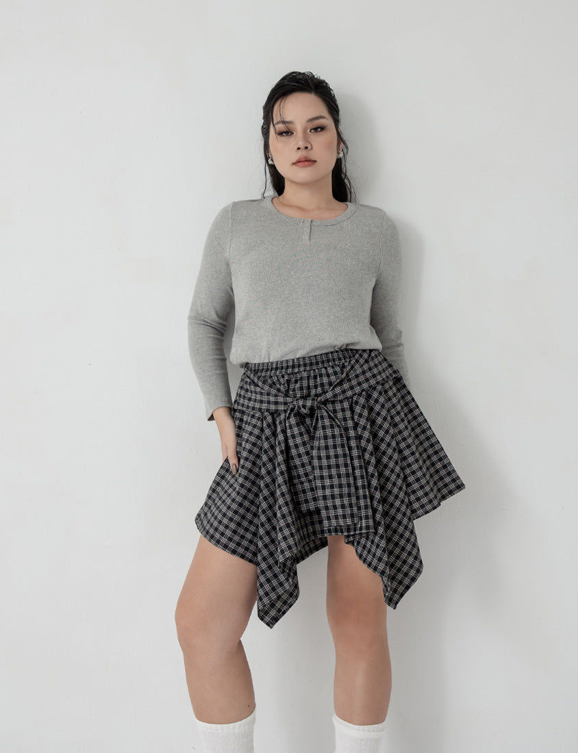 MUA! Crew Neck Button Front Slimming Ribbed Plus Size Long Sleeve Top
