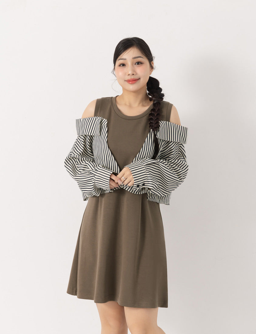 Faux Two Piece Cloud Cotton Contrast Stripe Plus Size Dress