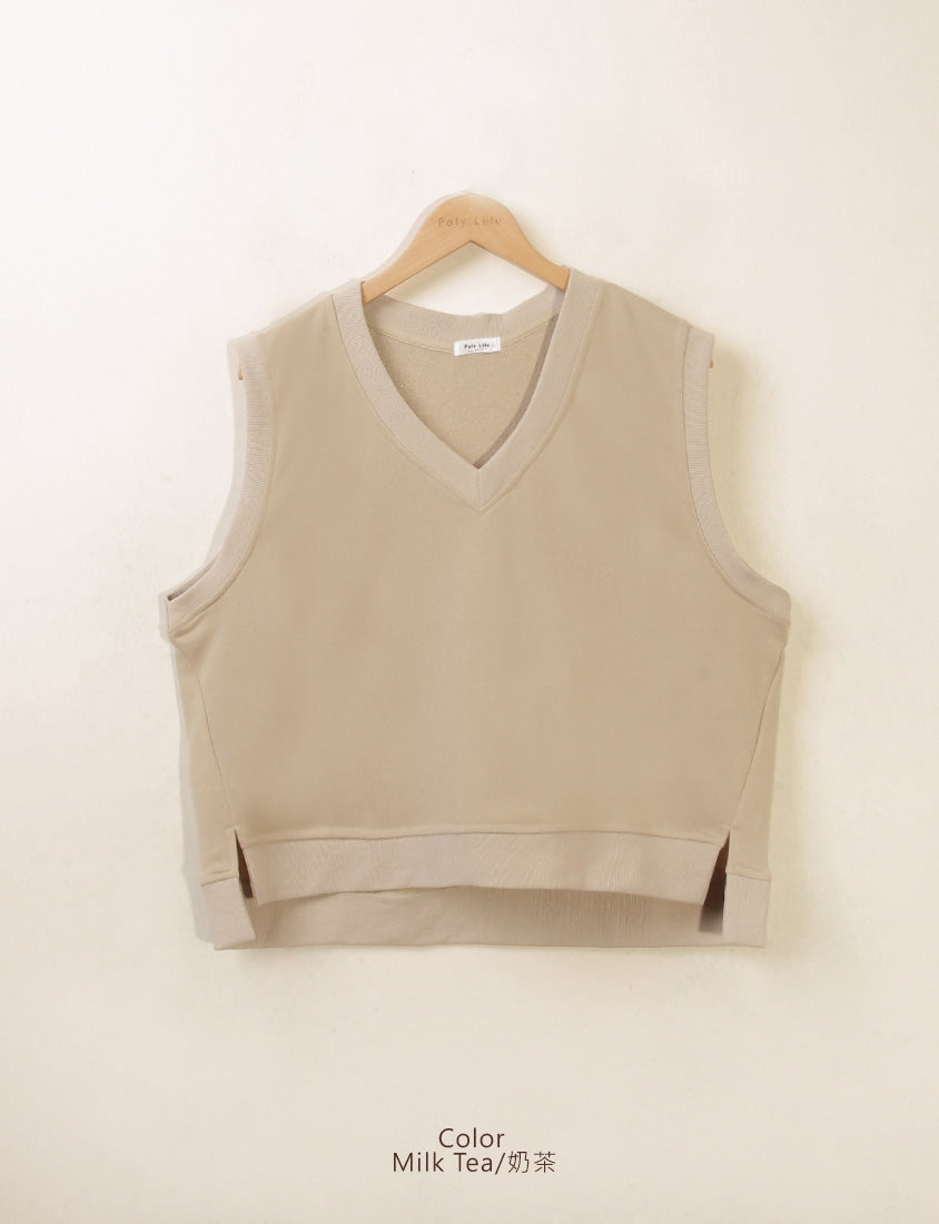 Sweet Versatile V-Neck Cotton Side Slit Plus Size Vest